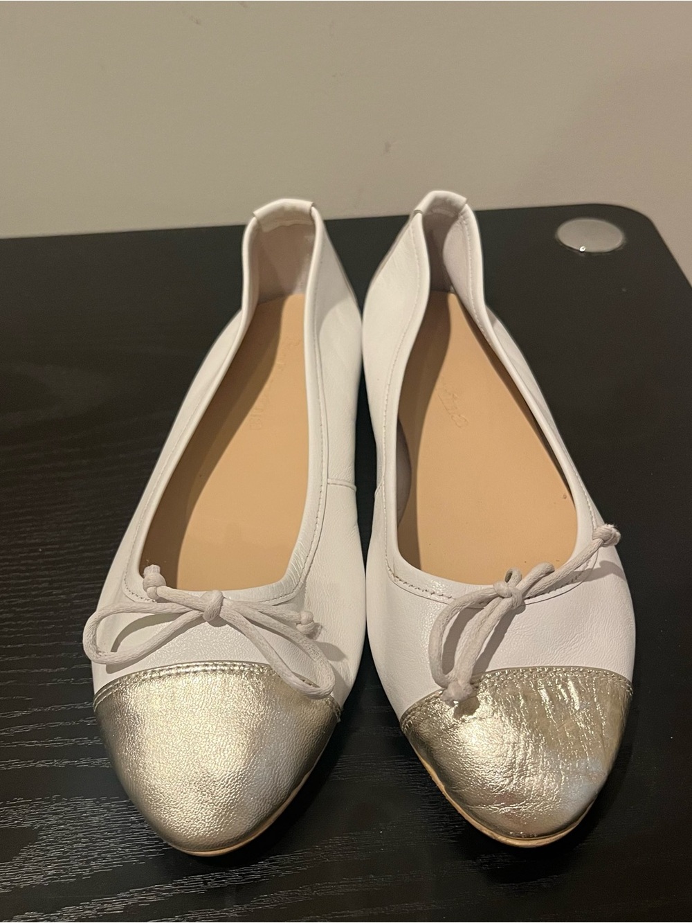 Ballerina Women's White Ballet Flats with Metallic Gold Cap Toe